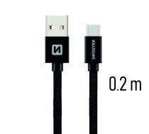 Swissten Textile Universāls Quick Charge 3.1 USB-C Datu un Uzlādes Kabelis 20 cm | SW-QU-TYPC-3.1-0.2M-BK  | 8595217455214 | SW-QU-TYPC-3.1-0.2M-BK