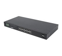 16 portu Gigabit Ethernet Intellinet slēdzis ar PoE+, 2 SFP porti, LCD, IEEE 802.3at/af Power over Ethernet (PoE+/PoE) saderīgs, 370 W, gala attālums, 19 collu statīva stiprinājums 619128