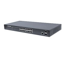 16 portu Gigabit Ethernet Intellinet slēdzis ar tīmekļa pārvaldību, PoE+, 2 SFP porti, IEEE 802.3at/af Power over Ethernet (PoE+/PoE) saderīgs, 374 W, gala attālums, 19 collu statīva stiprinājums 619134