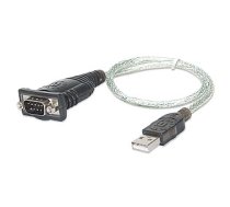 Manhetenas USB-A uz seriālo pārveidotāja kabelis, 45 cm, vīrišķais, Serial/RS232/COM/DB9, Prolific PL-2303RA mikroshēma, Startech ICUSB232V2 ekvivalents, melns/sudraba kabelis, 3 gadu garantija, blistera karte 379957