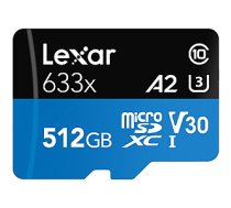 Lexar High-Performance 633x UHS-I  MicroSDXC, 512 GB, Flash memory class 10, Black/Blue, Class: A2 V30 U3, 70 MB/s, 100 MB/s 387518