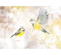 Fototapete Artgeist Painted Tits - Bird Motif With Patterns In Yellow And Beige Tones, 100 cm x 70 cm