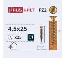 Koka skrūve Haushalt PZ2, ZN, 4.5 x 25 mm, dzeltena, 25 gab.