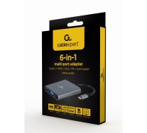 Adapteris Gembird 6 in 1 USB Type-C, Hub3.1 / HDMI / VGA / PD / card reader / stereo audio, pelēka