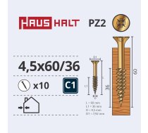 Koka skrūve Haushalt PZ2, ZN, 4.5 x 60 mm/36 mm, dzeltena, 10 gab.