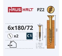 Koka skrūve Haushalt PZ3, ZN, 6 x 180 mm/72 mm, dzeltena, 2 gab.