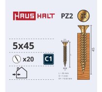 Koka skrūve Haushalt PZ2, ZN, 5 x 45 mm, dzeltena, 20 gab.