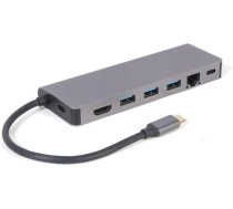 Adapteris Gembird A-CM-COMBO5-05 USB-C Vīrietis, 3xUSB 3.0/HDMI/RJ-45/SD/MicroSD/PD Sieviete, 0.15 m, pelēka