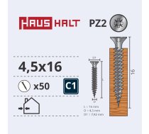 Koka skrūve Haushalt PZ2, ZN, 4.5 x 16 mm, balta, 50 gab.