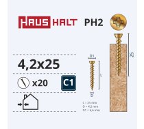 Koka skrūve Haushalt ZN, PH, 4.2 x 25 mm, dzeltena, 20 gab.