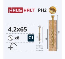 Koka skrūve Haushalt ZN, PH, 4.2 x 65 mm, dzeltena, 8 gab.