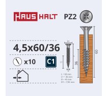 Koka skrūve Haushalt PZ2, ZN, 4.5 x 60 mm/36 mm, balta, 10 gab.