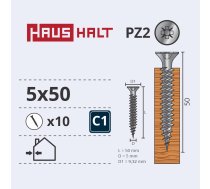 Koka skrūve Haushalt PZ2, ZN, 5 x 50 mm, balta, 10 gab.