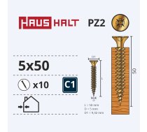 Koka skrūve Haushalt PZ2, ZN, 5 x 50 mm, dzeltena, 10 gab.