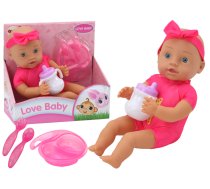 Baby doll, pink clothes, headband, feeding accessories