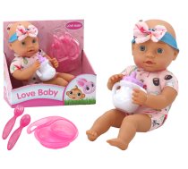 Baby doll, clothes with flamingos, headband, feeding accessories