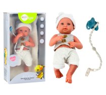 Baby doll in white and gray clothes, hat, pacifier, and blanket