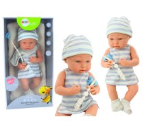 Baby doll in blue and white clothes, hat, pacifier, bib, quilt