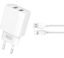 Lādētājs Xo Lādētājs Tíkla Ce02c 2x Usb 2,1a Balta + Kabelis Lightning