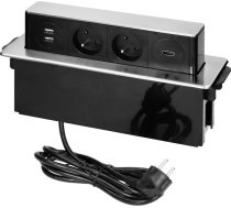 Orno Ligzda Mēbeļu Pagarināms No Augšas Ar Plakanu Frēzētu Malu, ładowarką Usb Un Kabeli 2m, 2x2p+z, 2 X Usb (Tips A), Hdmi, 3x1,5mm2, Melns-sudrabs, Inox