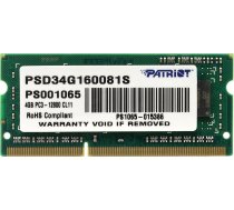 Atmiņa Portatīvajam Datoram Patriot Signature, Sodimm, Ddr3, 4 Gb, 1600 Mhz, Cl11 (psd34g160081s)