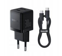 Lādētājs Baseus Sienas Atrais Ladetajs Palm 30 W Usb + Usb-c Qc3.0 Pd3.0 Ar Usb-c Kabeli 1 M Melns P1011160a113-01 (6932172677343)