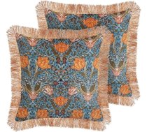Beliani 2 Spilveni Dekoratīvie Velūra Ziedos Ar Pušķiem 45 X 45 Cm Gaiši Zils-oranžs Mitella!