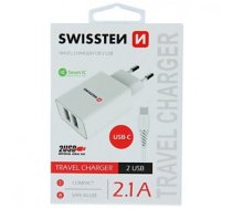 Swissten Smart IC Tīkla Lādētājs 2x USB 2.1A ar USB-C vadu 1.2 m Balts Perifērija