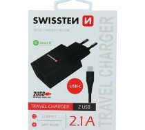 Swissten Smart IC Tīkla Lādētājs 2x USB 2.1A ar USB-C vadu 1.2 m Melns Perifērija