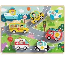 Tooky Toy Drewniane Puzzle Montessori Pojazdy Samochody Samolot Statek Miasto Dopasuj Kształty