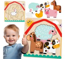 Tooky Toy Drewniane Puzzle Montessori Wielowarstwowe Tablica Zwierzątka na Farmie 7 el.