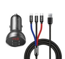 Baseus automašīnas lādētājs 2x USB 4.8A 24W ar LCD ekrānu + 3in1 kabelis USB - USB Type C / micro USB / Lightning 1.2m melns (TZCCBX-0G)