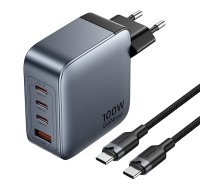 Vention strāvas lādētājs 3x USB-C, 1x USB-A (100W/100W/30W/30W) (pelēks) ar USB-C uz USB-C kabeli (1m) (melns)