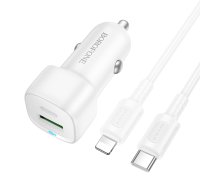 Borofone Auto lādētājs BZ34B Cloud - USB + C tipa - QC 3.0 PD 38W ar C tipa Lightning kabeli, balts