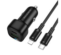 Borofone Auto lādētājs BZ34B Cloud - USB + C tipa - QC 3.0 PD 38W ar C tipa Lightning kabeli melns