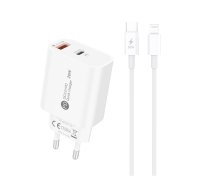 A6MaxL 20W USB-A USB-C sienas lādētājs ar 1m USB-C - Lightning kabeli – balts