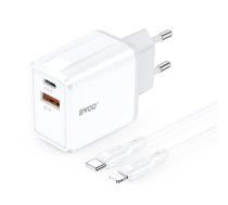 BWOO sienas lādētājs CDA182 QC 38W 1x USB-A + 1x USB-C ar USB-C C-Lightning kabeli 1 m melns
