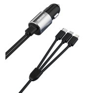 Dudao 3in1 USB automobiļu lādētājs ar iebūvētu kabeli Lightning / USB Type C / micro USB - melns (m)