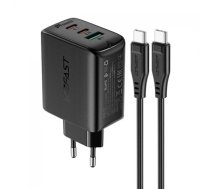 Acefast 2in1 sienas lādētājs 2x USB-C / USB-A 65W, PD, QC 3.0, AFC, FCP (komplekts ar USB-C 1.2m kabeli), melns (A13 black)