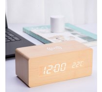 Wooden Alarm Pulkstenis Modinātājs ar Radio ar Bezvadu Uzlādi, Khaki | Wooden Alarm Portable Clock with Alarm and Wireless Charging