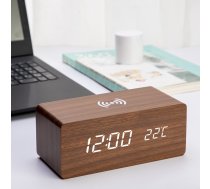 Wooden Alarm Pulkstenis Modinātājs ar Radio ar Bezvadu Uzlādi, Brūns| Wooden Alarm Portable Clock with Alarm and Wireless Charging