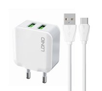 LDNIO A2201 Wall Charger 12W 2xUSB + Charging Data Cable ( USB to Type C ), White | Uzlādes Ierīce Lādētājs Adpaters + Lādētājvads Kabelis