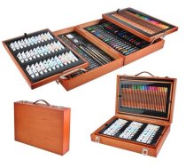 Mākslinieka zīmēšanas gleznošanas piederumu komplekts koka kastē koferī bērniem 174 gb. zīmuļi krītiņi krāsas otas u.c. | Artist's Painting Accessories Set