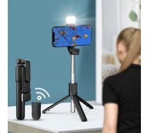 R1Spro Saliekams Selfiju Kāts Nūja + Tripods + LED Lampa ar Bluetooth, Melns | Selfie Stick + Tripod with Bluetooth