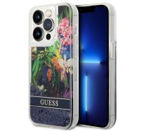 Guess Apple iPhone 14 Pro 6.1'' GUHCP14LLFLSB Flower Liquid Glitter Case Cover, Blue | Telefona Vāciņš Maciņš Apvalks Grāmatiņa