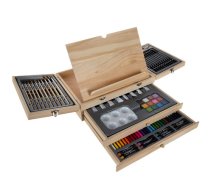 Mākslinieka zīmēšanas, gleznošanas piederumu komplekts ar molbertu koka koferī bērniem, 83 gb. (zīmuļi, krāsas, otas u.c.) | Painting Art Set with Easel and Suitcase