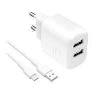 Puro PROLITE 10W sienas lādētājs ar 2x USB-A portiem + USB-A – USB-C kabelis 1,2 m – balts