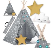 Nukido Bērnu Telts ar Gaismas Virteni, Pelēka ar zvaigznēm | Tepee Tent for Children with Lights