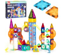 Multistore magnētiskie klucīši ar LED gaismām un bumbiņu trasi, 134 detaļas - magnetic blocks, marble run