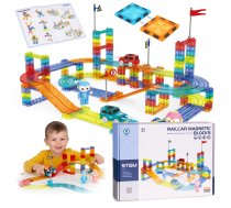 Multistore magnētiskie klucīši un auto trase, 154 detaļas, LED auto - magnetic blocks, car track for kids